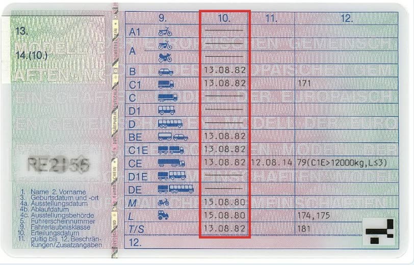 Rückseite des Führerscheins mit Feld 10