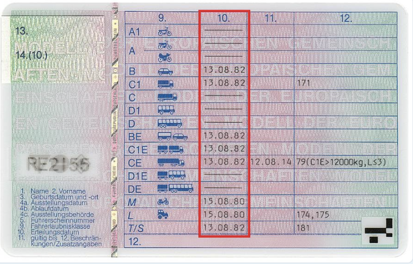Rückseite des Führerscheins mit Feld 10